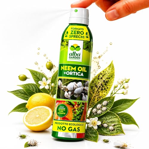 Albagarden - Olio di Neem per Piante POTENZIATO - Insetticida Piante Naturale con Estratto di Ortica - Anti Cocciniglia per Afidi, Ragnetto Rosso, Pidocchi, Zanzare Insetti - Spray 250 ml