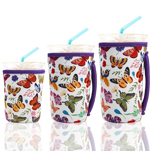 Image of KJQJLY 3 Pack Reusable Iced Coffee Sleeves for Iced Coffee Cups or Drinks Reusable Neoprene Insulated Sleeves for Hot and Cold Drinks from Starbucks, Dunkin, And More (White butterfly)