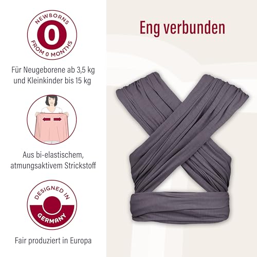 manduca Sling – elastisches Babytragetuch für Neugeborene ab 3,5 kg und Babys bis 15 kg – stabiles Tragetuch aus weichem Jersey-Strickstoff aus 100% Baumwolle (Bio) – Einheitsgröße, Farbe: slate