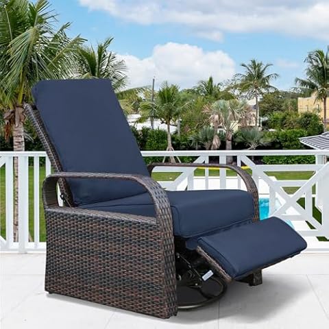 ATR ART TO REAL Outdoor Swivel Chairs, Wicker Patio Recliner Chairs Lounge Chair with Fabric Cushions for Garden, Backyard, Porch, Poolside, Adjustable Lounging Positions (Navy) Cover