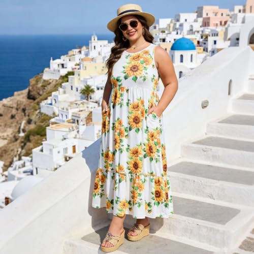 Image of Moon Wood Women's Plus Size Sleeveless Summer Dress Crewneck Tank Casual Flowy Maxi Dress with Pockets Vacation Outfits