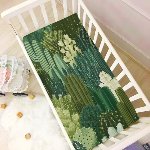 Image of Crib Sheet Breathable Soft Crib Mattress Sheet for Baby Toddler Boys Girls Fitted Crib Sheet Fit Standard Crib Mattress 39 x 27 Inch Green Cacti Plants