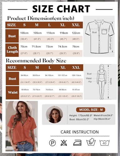 PASUDA Chemise Femme Haut ÉTÉ pour Femmes Chic et Élégant Coton Lin T-Shirt Manche Courte Col en V Chemisier Tunique Tops avec Boutons D'été Ample Couleur Unie Blouse (Orange Mandarine, M) – vue 6