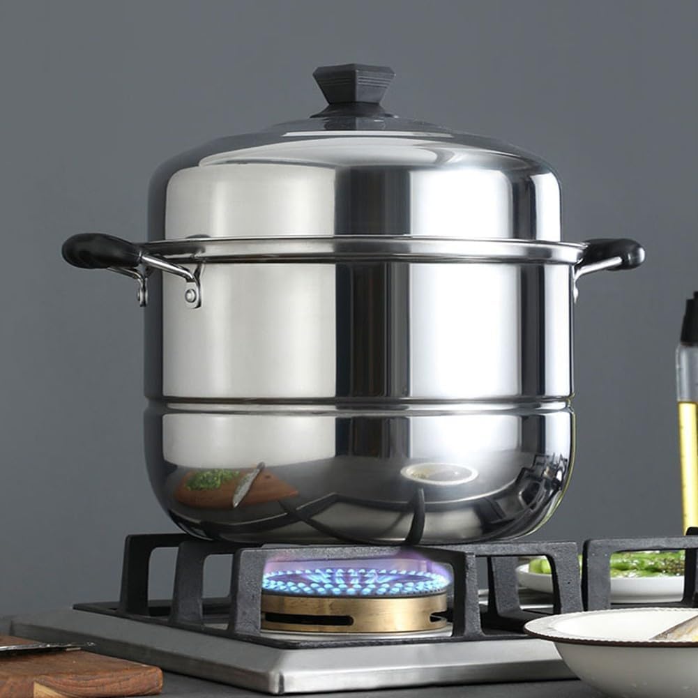 Stainless Steel 2-Tier Steamer Pan for Induction Gas Stoves,Double Layer Steam Cooker with Two Steaming Sheets,Dishwasher Safe, Kitchen Cookware in 26/28/30 cm Silver