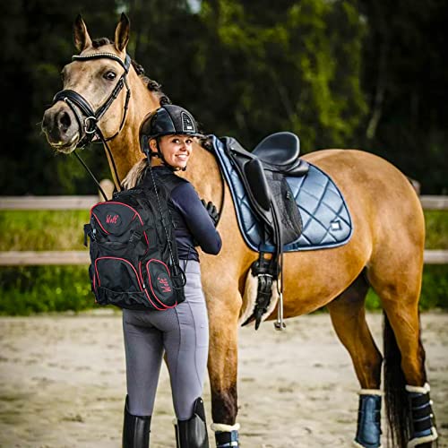 Wolt Professional Equestrian Backpack With Helmet Holder For Horse Riding, One Bag Wih Multiple Compartments Carry All Accessories (Not Included), One Size Black+Red #TOP6