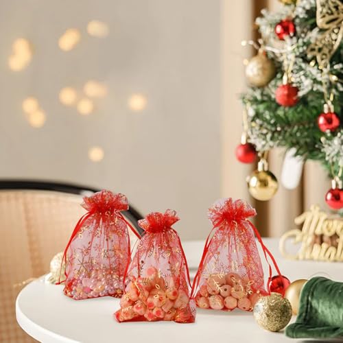 Image of Snowflake Organza Bags, 50 PCS Christmas Sheer Organza Bags with Drawstring 4 x 6 inch, Jewelry Gift Bag, Red Small Mesh Goodies Xmas Wedding Favor Mini Candy Pouches Bag for Christmas Party Favors