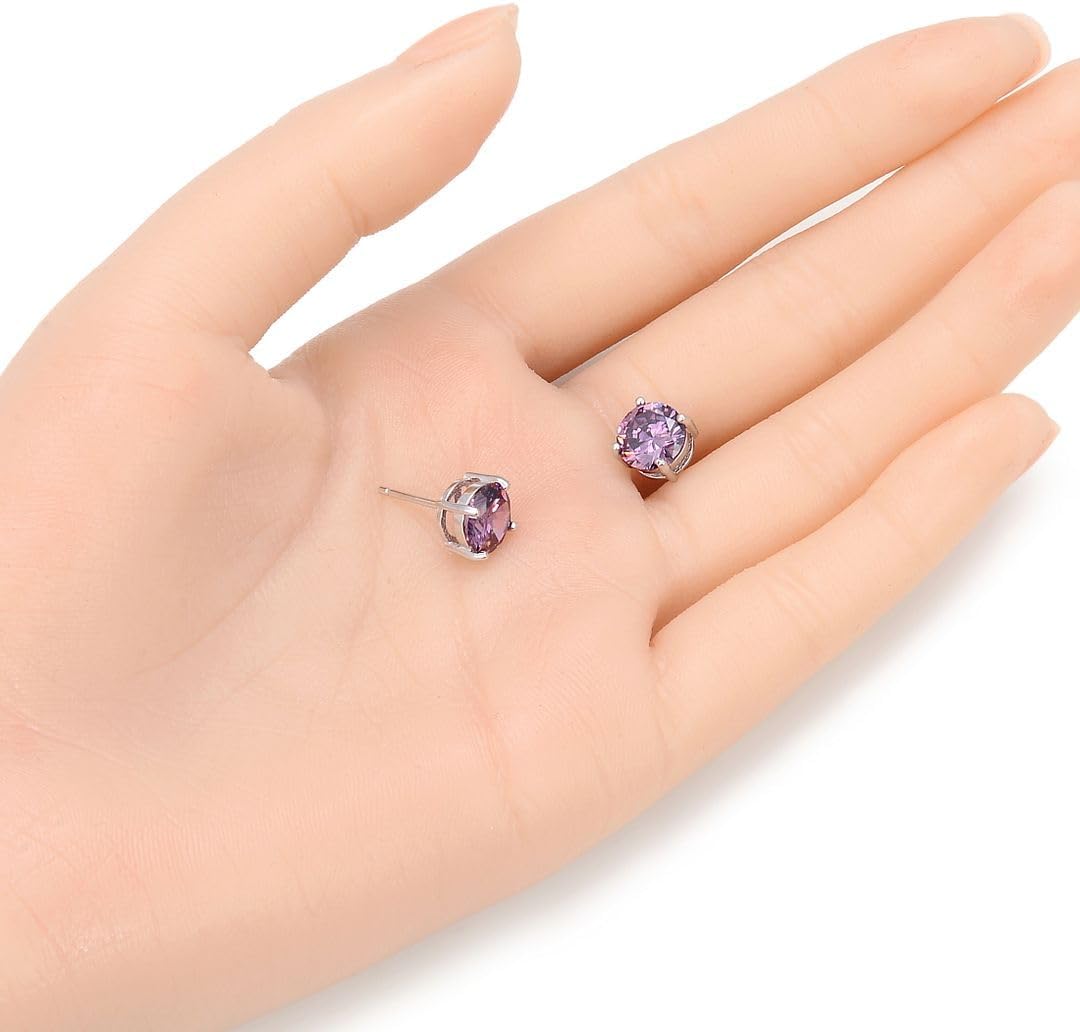 Authentic Sterling Silver Birthstone Stud Earrings 8mm/2 Carat Cubic Zirconia Imitation Diamond Gemstone Hypoallergenic Nickel Free Tarnish Resistant Women Men Fine Jewelry