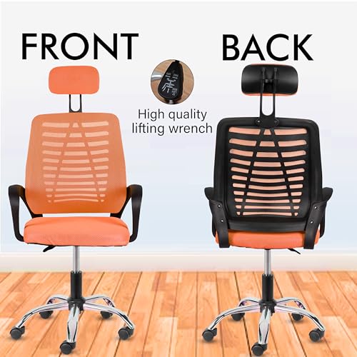 Image of Casa Copenhagen,Mesh Office Desk,Rocking, Ergonomic Computer Chair Adjustable High with Headrest and Comfortable Armrest Swivel Chair -Orange & Jet Black Handle