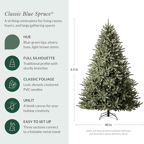 Image of Balsam Hill 4.5 ft Unlit Classic Blue Spruce - Artificial Christmas Tree with Premium Stand for Indoor Holiday Decorating