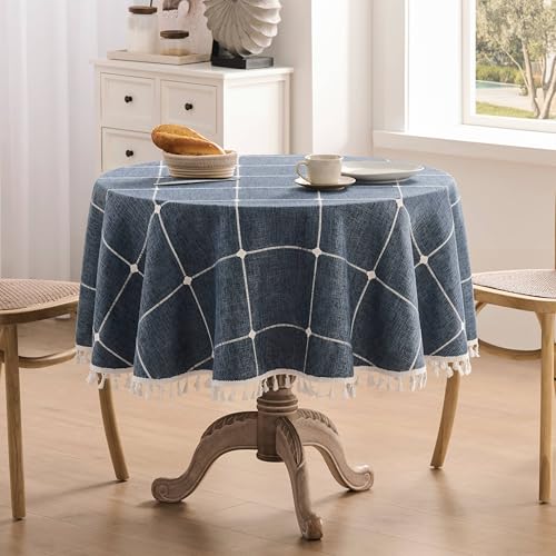 ZeeMart Boho Round Grid Tablecloth with Tassels, Navy Blue 60in by ZeeMart - Used condition - Image 2