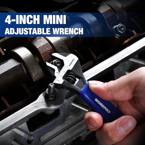image for WORKPRO 4-Inch Mini Adjustable Wrench, Cr-V Steel Wide Jaw Black Oxide
