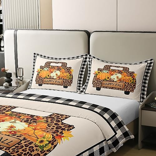 100% Cotton Plaid Pumpkin Leopard Truck Bedding Set Single, Fall Thanksgiving Harvest Duvet Cover - Image 4