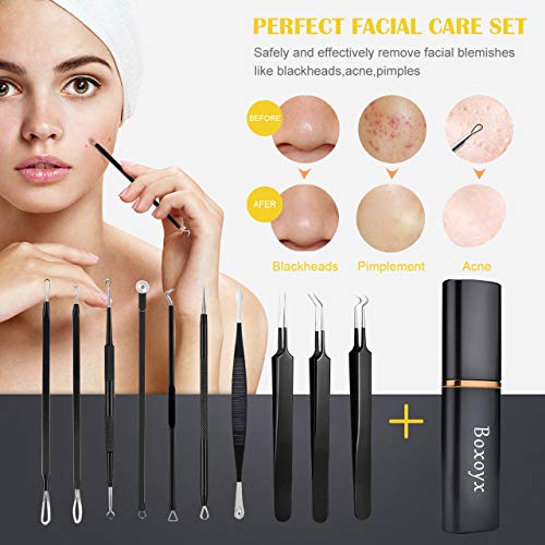 Pimple Popper Tool Kit - Boxoyx 10 Pcs Blackhead Remover Comedone Extractor Kit With Box For Quick And Easy Removal Of Pimples, Blackheads, Zit Removing, Forehead,Facial And Nose (Black) #TOP5