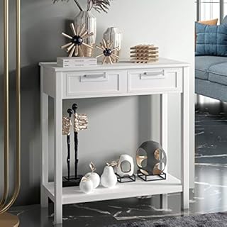 COSTWAY Console Side Table, Modern PC Computer Writing Desk with 2 Drawers and Bottom Shelf, Living Room Entryway Hallway Narrow End Sofa Tables (White)
