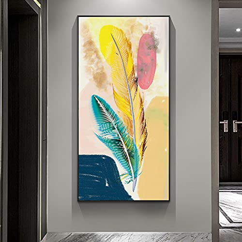 Art pour salon toile plume bleue aquarelle peinture abstraite déco 50x100