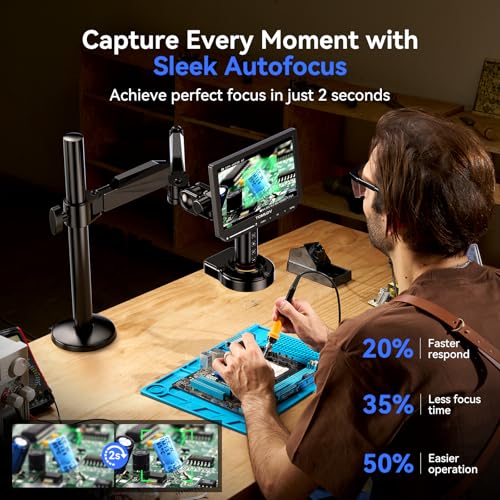 TOMLOV TM4K-AF Flex 4K Autofocus Digital Microscope HDMI, 8" IPS Coins Magnifier 2000X, 52MP Scope Camera for Soldering, with Flex Arm, Electronics Repair Mat, Ring Light, 64GB Card - Image 3