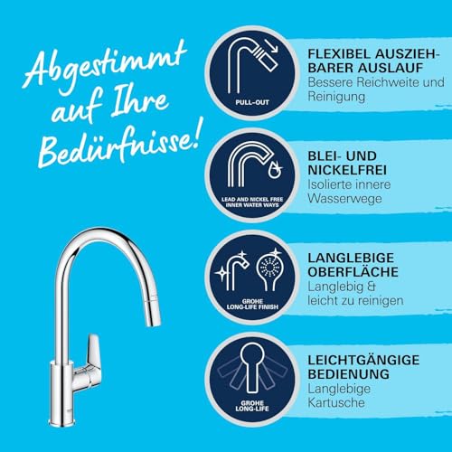 GROHE StartEdge, Küchenarmatur (Wasserhahn Küche mit ausziehbarer Brause, 360° Schwenkbereich, wassersparend dank variabler Mengenbegrenzung, werkzeugfreie Spülbecken-Montage), chrom, 30550000