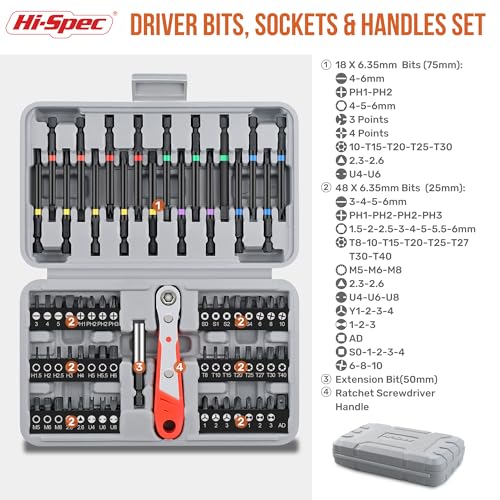 Image of Hi-Spec 68pc Long Extended Screw Driver Bits and Mini Ratchet Wrench Handle Set. DIY Accessories Kit of 25 and 75mm Hex Shank Screwdriving Bits for Drill Drivers