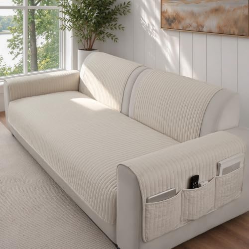 OHSIO Cotton Linen Couch Cover, Striped Sofa Cushion Cover(1PC 35''X94'') | Cotton Linen Fabric, Quilted Striped, Non‑Slip, Reinforced Edge, Pet Friendly, Washable, Durable Sofa Cover 1PC (Beige)
