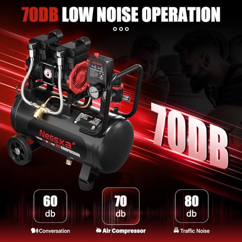 Image of 10 Gallon Ultra Quiet Air Compressor, 1.65HP Oil-Free Air Compressor Tank with Two Quick Couplers, 3.5 CFM@115PSI Pressure 70dB Electric Air Compressor for Woodwork Nailing, Garage, Auto Repair