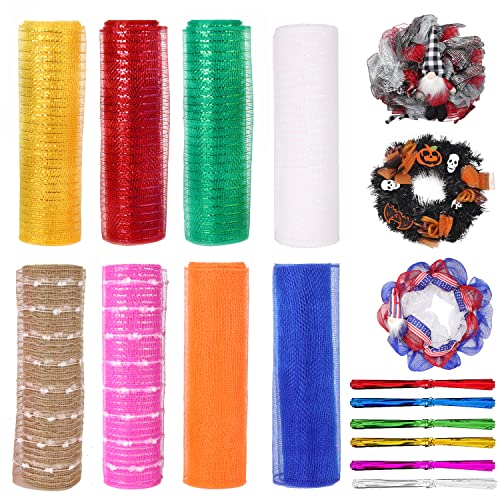 8 Rolls Poly Burlap Mesh 10 Inch, Deco Mesh Ribbon For Wreath Metallic Foil Mesh Fabric Roll For Crafts Burlap Bow Swag Party Decor Fall Halloween Door Wreaths Christmas Garland Gift Wrap Supplies #TOP8