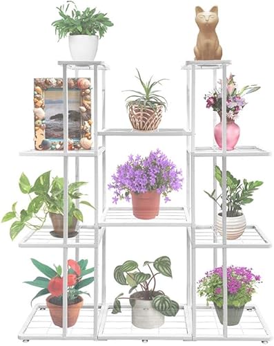Soporte grande de metal para plantas de 4 niveles y 11 macetas para interiores y exteriores, estante para macetas, color blanco