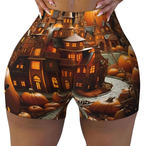 Fantasy Pumpkin City Pattern Sports Shorts, high Elastic Slim Fitness Pants, Suitable for Yoga/Leisure/Daily wear