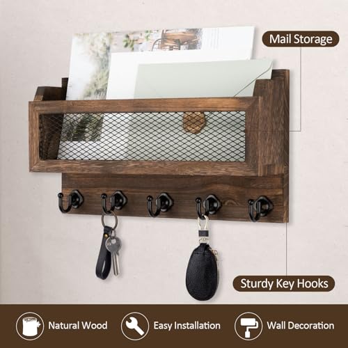 Nekon Mail and Key Holder for Wall Decorative, 11 Inch Wooden Wall Key Organizer with 5 Key Hooks, Wall Mount Storage Shelf for Entryway Hallway (Brown) - Image 4