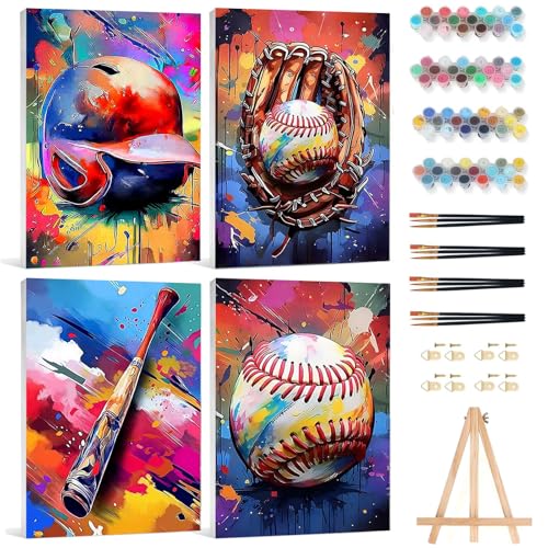 Gemozaic 4 Pack Framed Paint by Numbers Kit for Adults, Baseball Paint by Numbers for Adults, Small Painting by Number, Sport DIY Acrylic for Home Wall Decor Gift 8x12 inch