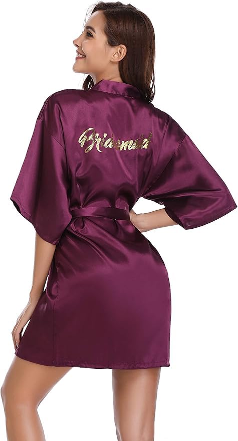 Image of Women's Silky Satin Short Bride Robe | Ultra Soft & Comfortable, Stylish Full Sleeve Lace Tie Nightdwear /Sleepwear for Bride Bridemaid- Pack of 1