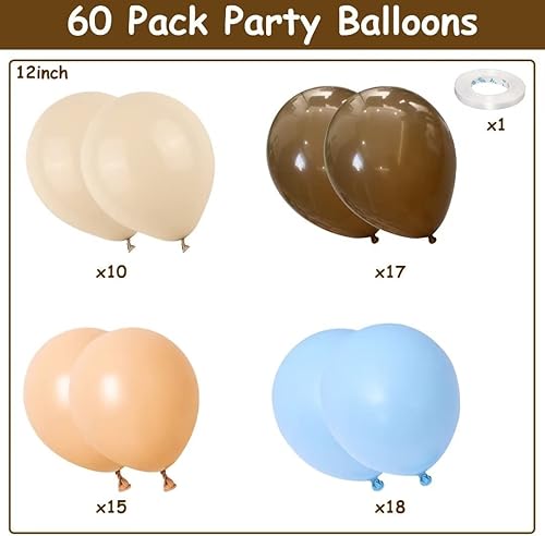 Miniatura 2 de Globos azules y marrones, 60 piezas, juego de globos de látex color azul macarrón, blanco, arena, nude, marrón claro, para decoración de baby shower