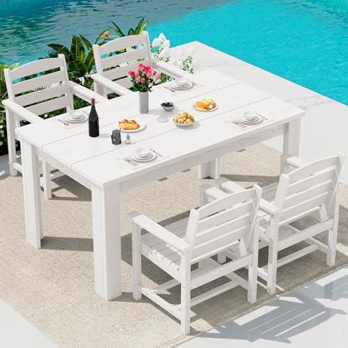 Image of SERWALL 59 inch HDPE Patio Dining Set for 4, w / 1 Table & 4 Armchairs, White | All Weather Resistant HDPE Dining Sets for Patio, Garden, Backyard
