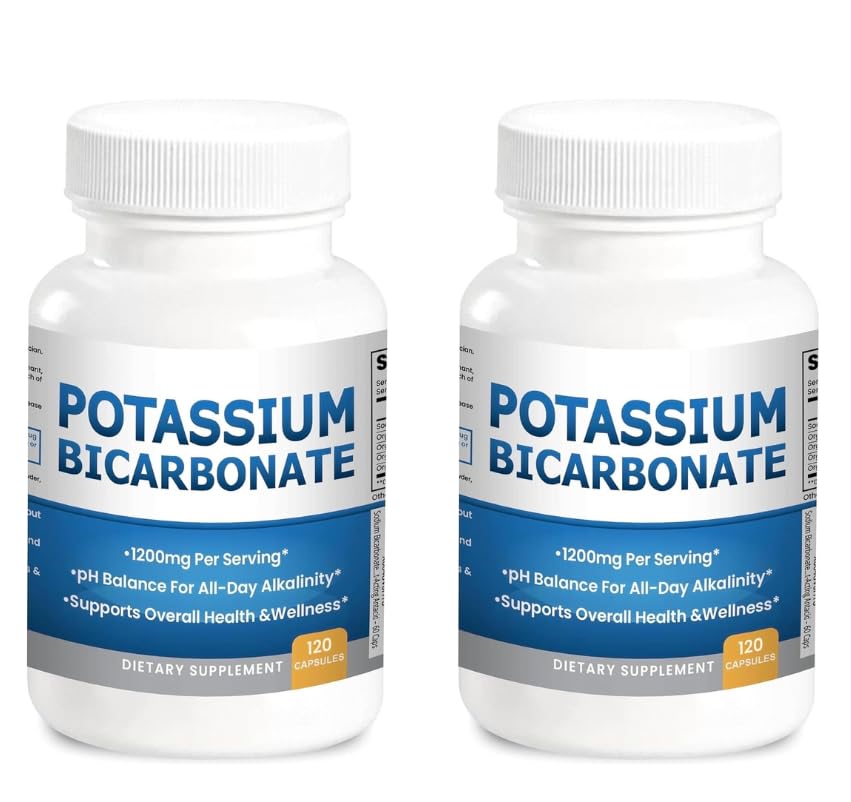 Pure Potassium Bicarbonate Supplement Capsules pH Balance Pills, High Potassium Electrolytes 1200mg Serv. USA Made Potassium Bicarbonate Food Grade, Acid-Alkaline Balance Immunity Endurance 2-Pack 120 Count (Pack of 2)