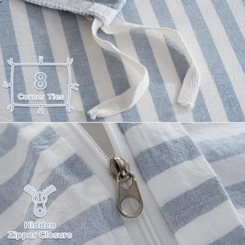 Image of TOCOMOA Blue Striped Duvet Cover Set 100% Washed Cotton Like Linen, Queen