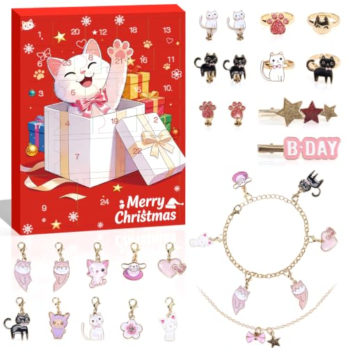 Calendrier de l'Avent 2026 pour enfants et filles, 24 jours avec bijoux, chats, bracelets, bagues, chaînes, accessoires pour cheveux et porte-clés, cadeaux pour filles à partir de 6 ans