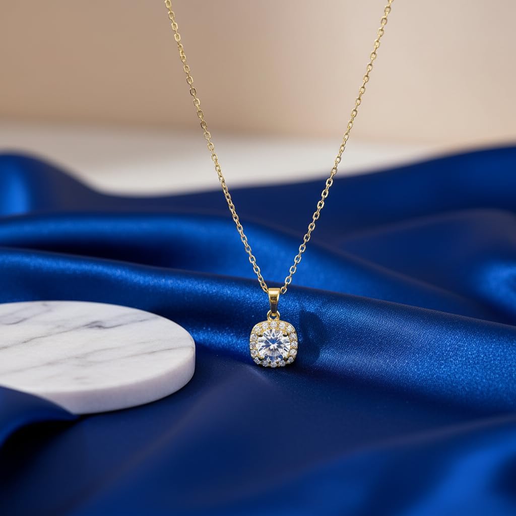 Gold Plated Elegant Hypoallergenic CZ Pendant Necklace for Women with Princess Cut Zirconia