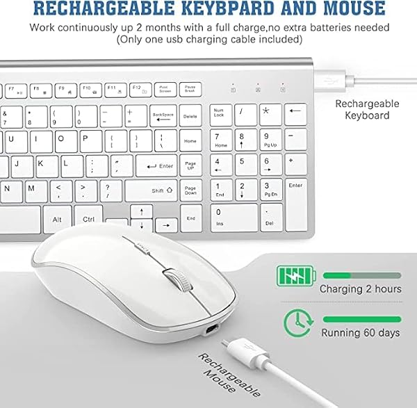 J JOYACCESS Rechargeable Wireless Keyboard Mouse Combo- Ultra Slim Compact Full Size White Keyboard and Mouse,2.4G Quiet Corelesss Keyboard and Mouse for iMac，Mac， Laptop,Desktop,PC,Computer,Windows… by JOYACCESS - Image 3