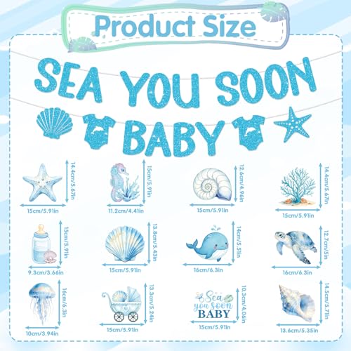 Image of Under The Sea Party Decorations - 14 Pcs Sea You Soon Baby Shower Banner Hanging Swirls Honeycomb Decorations, Blue Summer Ocean Seashell Theme Decor Supplies for Boys Girls
