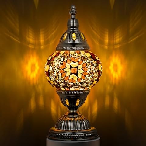 Marrakech Turkish Table Lamp with Bronze Base，Handmade Yellow Moroccan Tiffany Style Mosaic Glass Night Stand Light Fixture Including LED Bulb for Living Room Bedroom Decor Cover