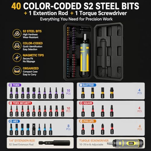Image of Torque Wrench Screwdriver Set,10-70 Inch Pounds, 40 S2 Bits - Hex,Torx, Flat,Phillip,Square and Torx Security Bits for Accurizing Scope Mounting, Bicycle Repairing and Maintenance (42PC)