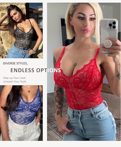 Image of FeelinGirl Shapewear Bodysuits for Women Lace Shapewear Tummy Control V-Neck Sleeveless Bodysuit Tops Jumpsuit