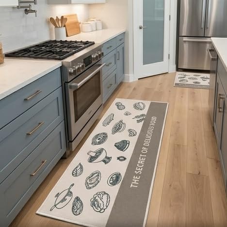 Image of HomeCloud Kitchen Rectangular Mat: Premium Anti-Slip, Soft, Washable, Designer Printed Mat for Floors, Kitchens, and Rooms - (6mm Thick, 41x122 cm and 41x61cm) (Delicious Food Beige)