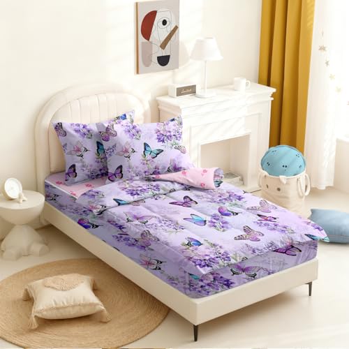 Image of Kids Comforter Set,Zipper Bedding Twin for Girls,Purple Butterfly Printed Comforter Set with Color Spots Fitted Sheets and Pillowcases for All Season(Purple Butterfly)