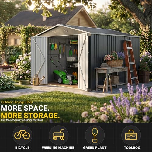 Image of Polar Aurora 10 x 10 FT Storage Shed | Outdoor Metal Shed with Updated Frame Structure, Tool Garden Sheds for Backyard Garden Patio Lawn, Black