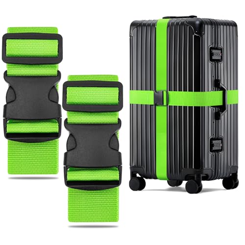WISYOK Koffergurt 2 Stück, Kofferband Gurt Auffällig, Erweiterte Koffergurte Maximal 250cm, Sicher Kofferbänder, Robuster Koffer Gurtband, Luggage Strap für Reisen und Flugreise (Grün)