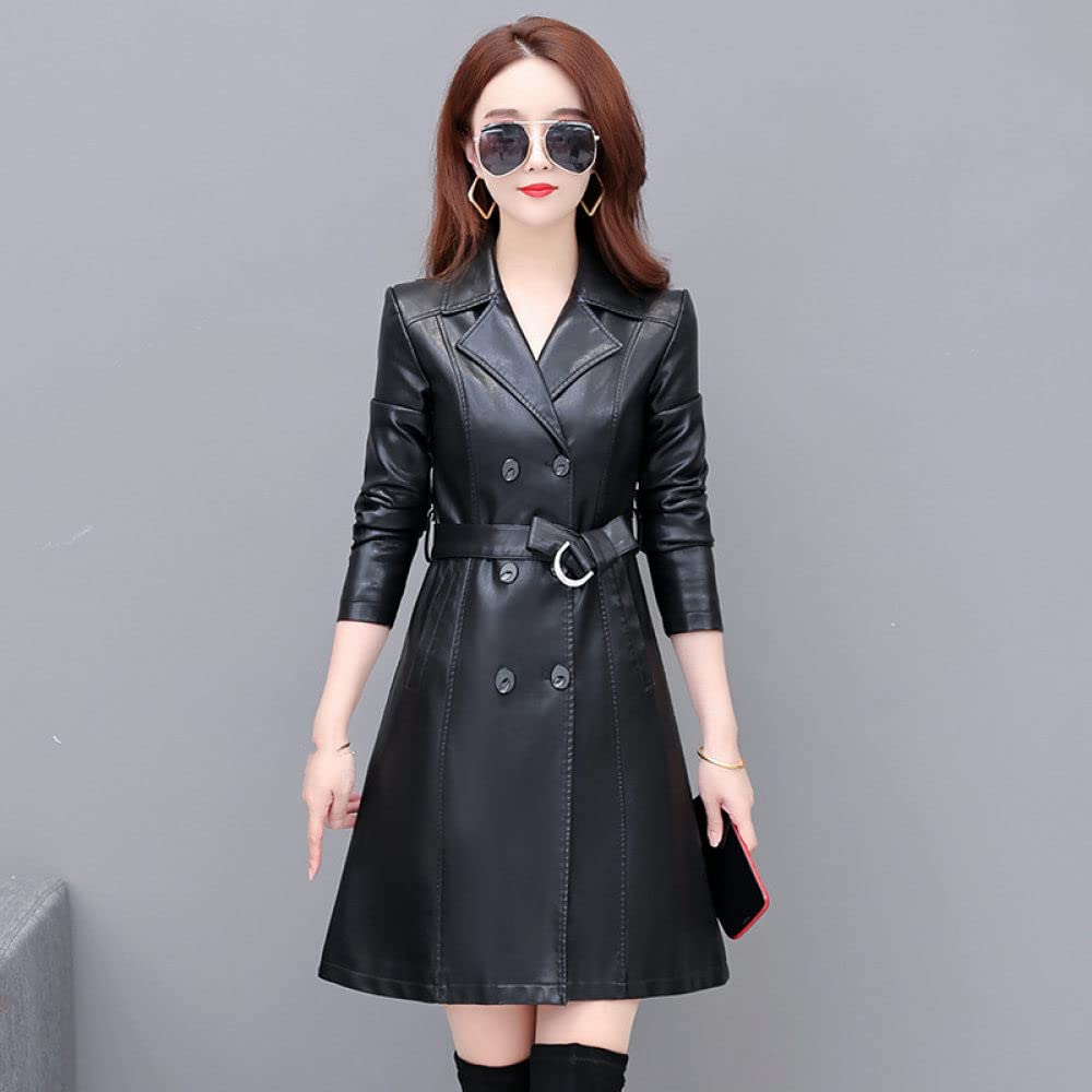Chaqueta Mujer Primavera,Gabardina De Piel Sintética Para Mujer, Chaqueta Negra Con Solapa De Longitud Media, Cinturón De Doble Botón, Elegante, De Manga Larga, Ajustada, Para Motociclista, Abrig