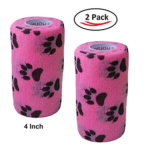 Image of Vet Wrap Wrap Tape (Pink with Paws) (2 Pack) (4 Inch x 15 feet) Self Adhesive Adherent Adhering Cohesive Flex Self Stick Bandage Grip Roll Dog Cat Pet Horse