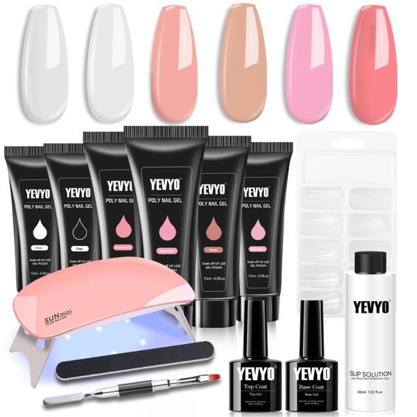 Poly Gel Nail Kit with UV Lamp for Beginners – All-in-One Gel Nail Extension Kit with 6 Colors, Slip Solution, Nail Forms, File, Brush & Top/Base Coat
