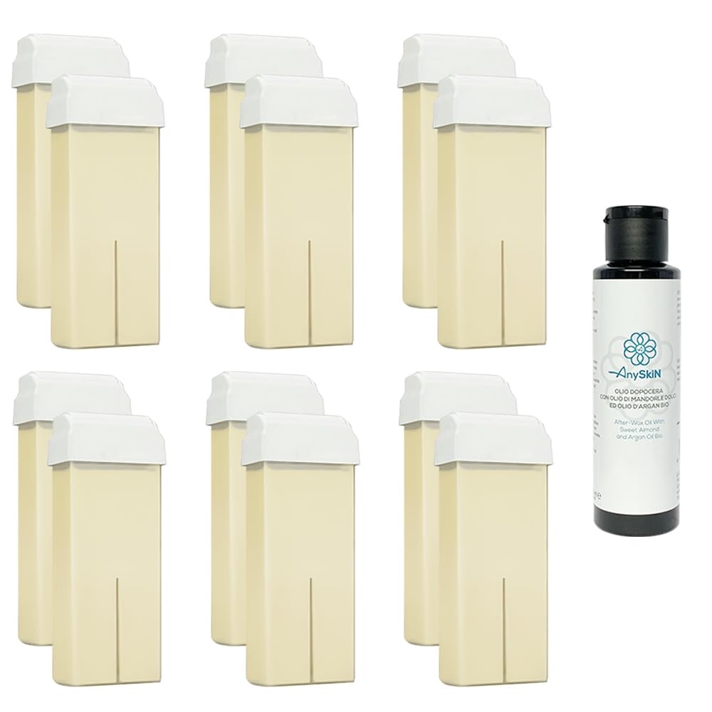 Cera Depilatoria Liposolubile Roll-on da 100ml - Ricarica per Manipolo Scalda cera a Rullo Ceretta Epilazione 12 Pezzi - Talco + OMAGGIO Olio dopo cera Anyskin® da 100ml