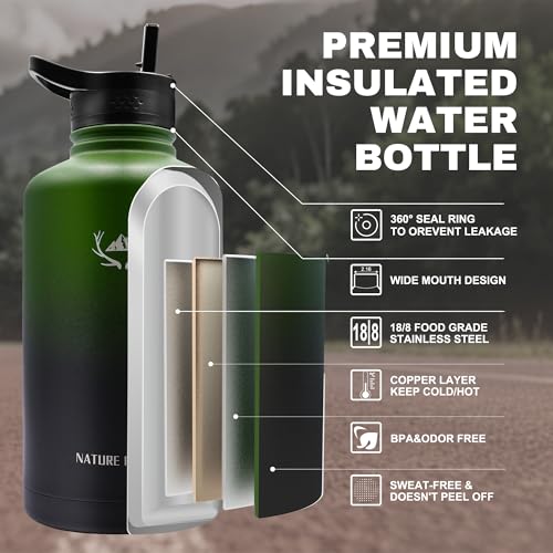 Image of NATURE PIONEOR 64 oz Insulated Water Bottle with Carrier Bag & 3 Lids